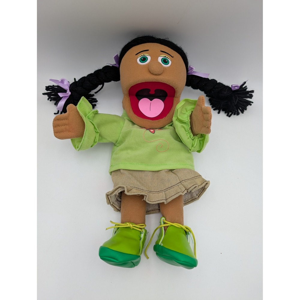 Silly Puppets Hand Puppet Green Girl Black Braids Yarn 2008 Hispanic Jasmine